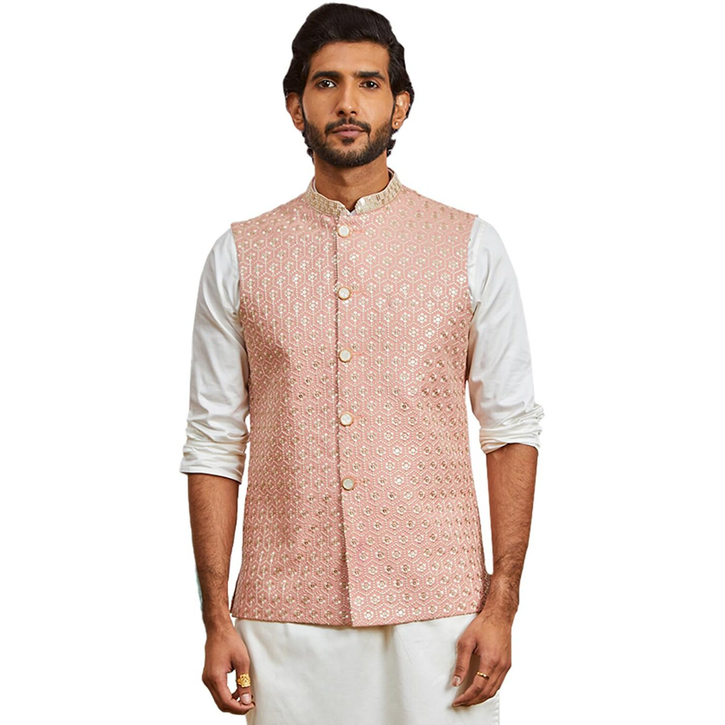 VASTRAMAY Men's Peach - Nehru Jacket - This men's embroidered Nehru jacket,perfect blend of elegance and tradition.