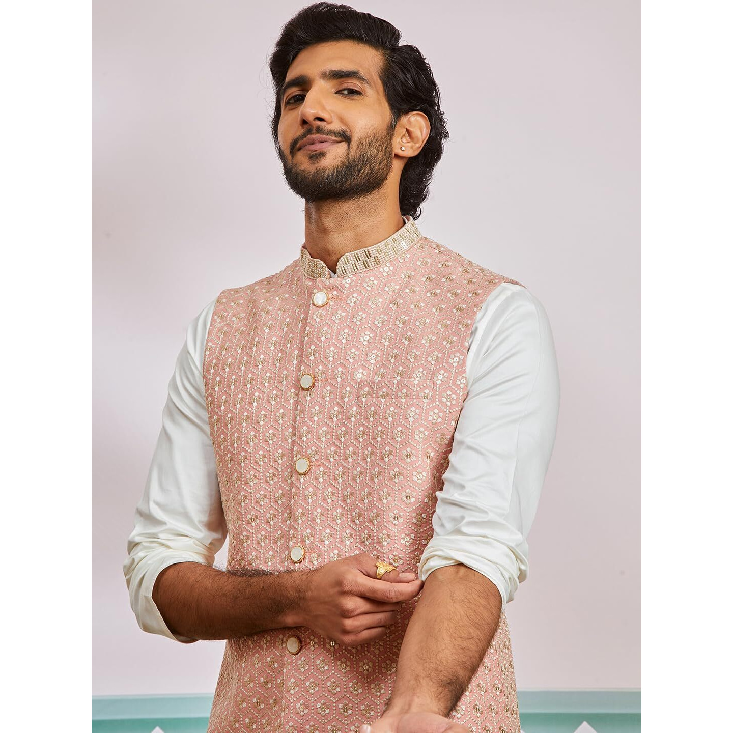 VASTRAMAY Men's Peach - Nehru Jacket - This men's embroidered Nehru jacket,perfect blend of elegance and tradition.