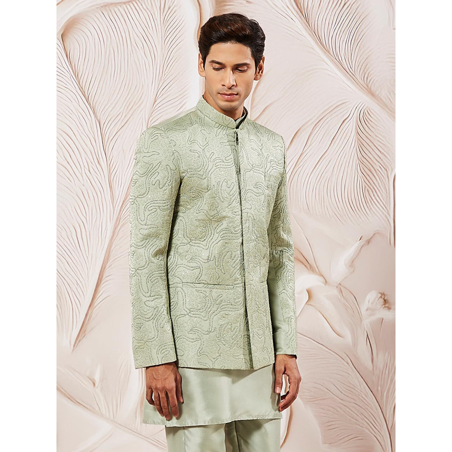 VASTRAMAY Men's Mint Green Silk Blend Jodhpuri - This outfit is a stylish embroidered Jodhpuri jacket,