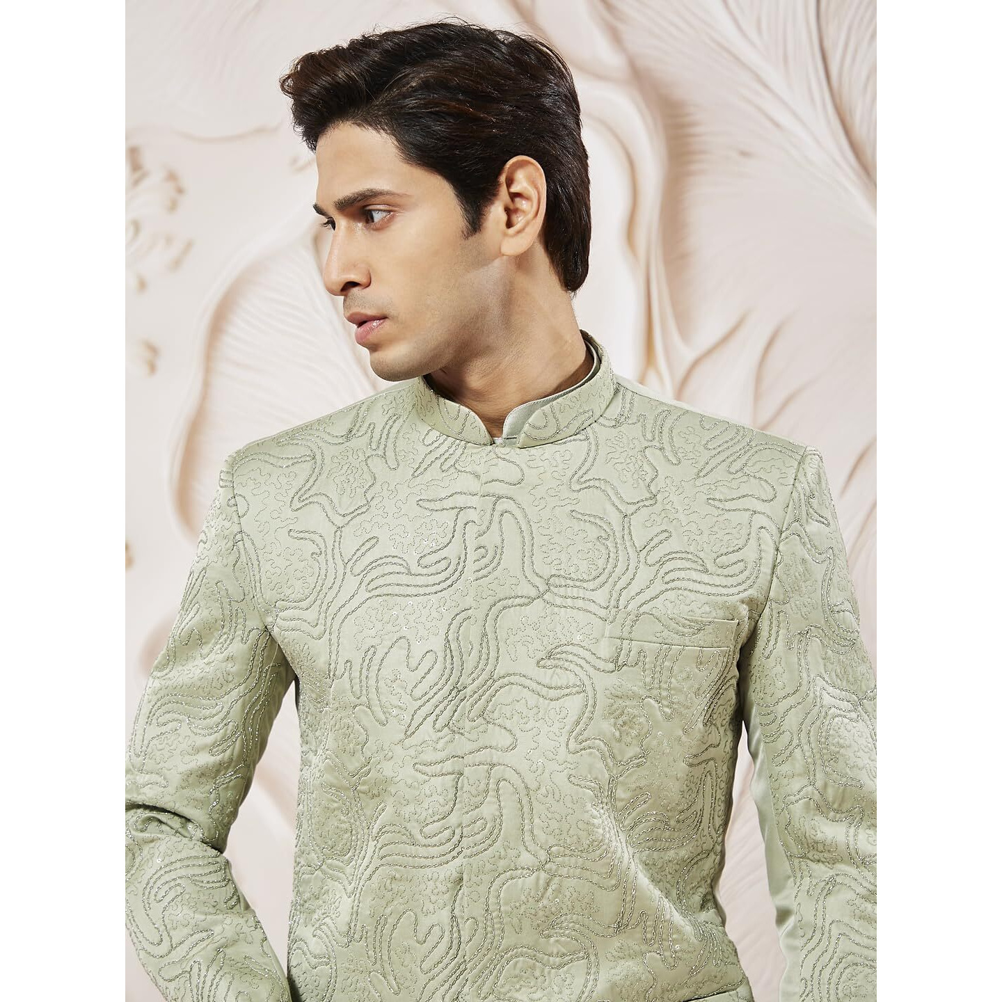 VASTRAMAY Men's Mint Green Silk Blend Jodhpuri - This outfit is a stylish embroidered Jodhpuri jacket,