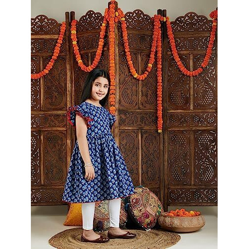 VASTRAMAY Girls' Indigo Blue and White Kurta and Leggings Set_VASGK031BUnGL01WH_26