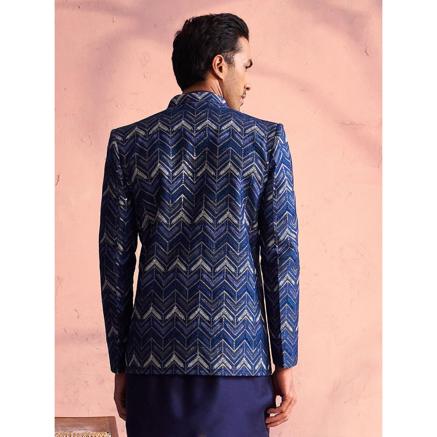 VASTRAMAY Men's Blue Silk Blend Jodhpuri | Cheveron Embroidered And Sequins Embellished Front Open Jodhpuri