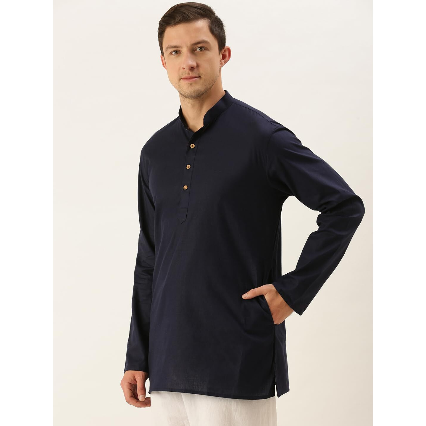 VASTRAMAY Men's Navy Blue Cotton Linen Short Kurta-VASMMK006NB_36