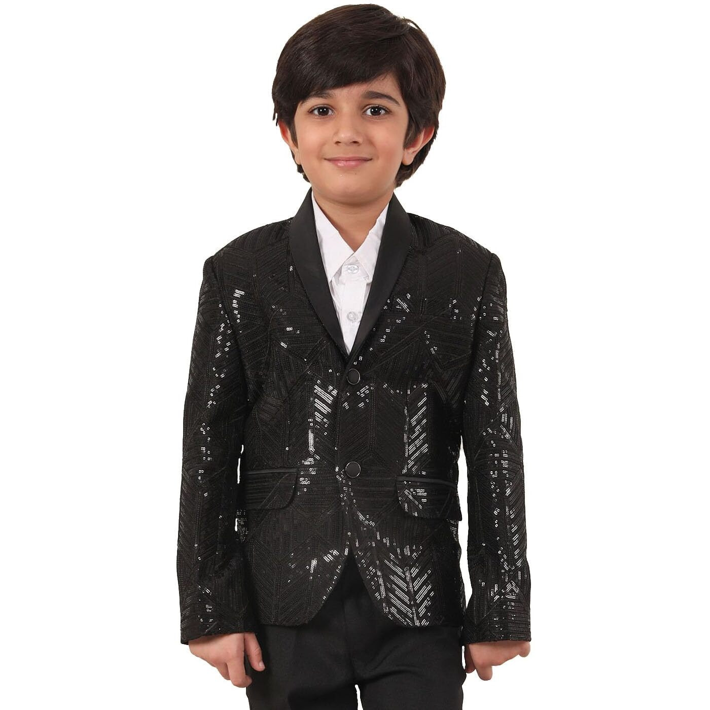 VASTRAMAY Boys' Black Blazer | Slim fit Blazer in Velvet Fabric, has a Shawl Collar, Long Sleeves, Single-Breasted with Button Closures_VASBCT018BL_20