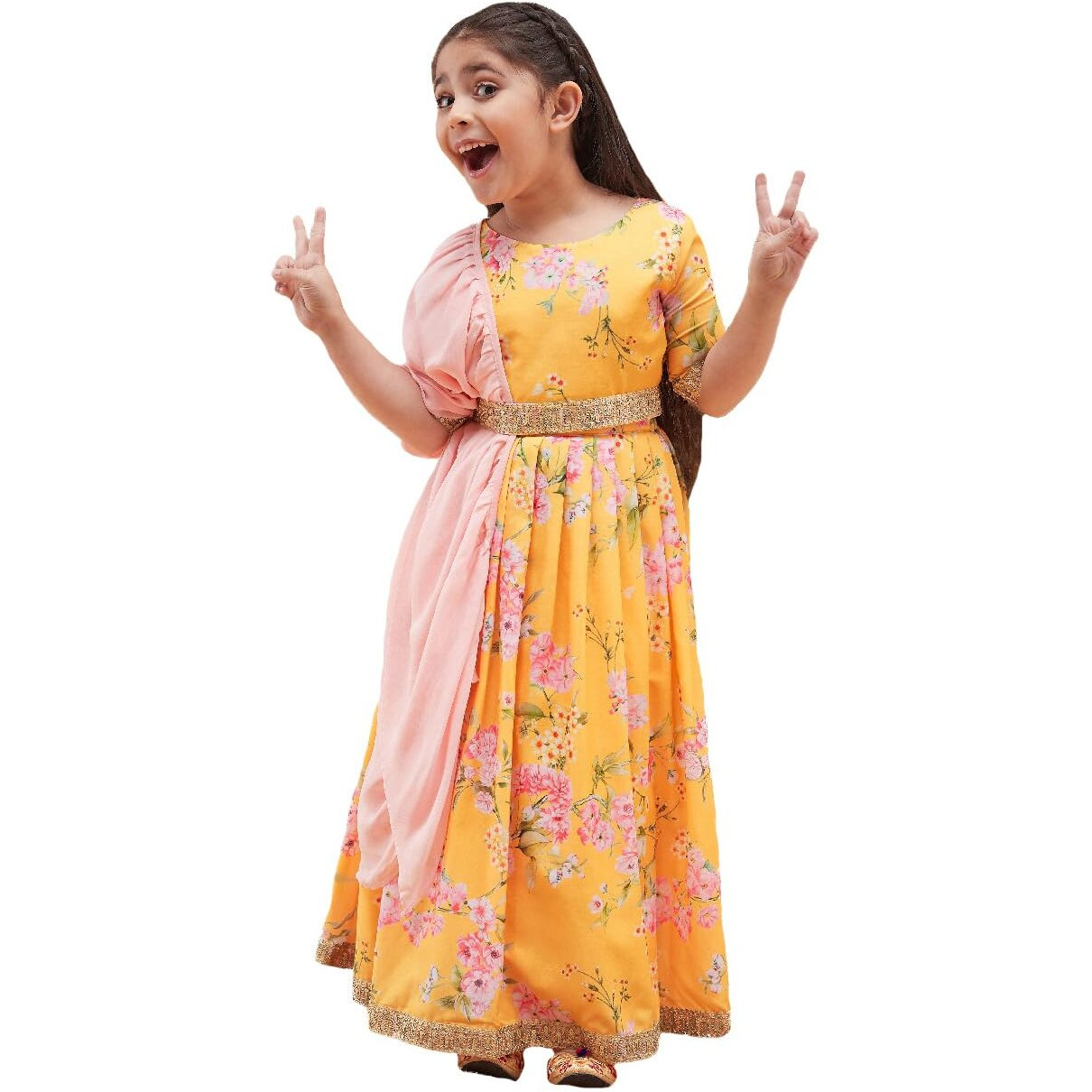 VASTRAMAY Girls' Yellow Lehenga Set