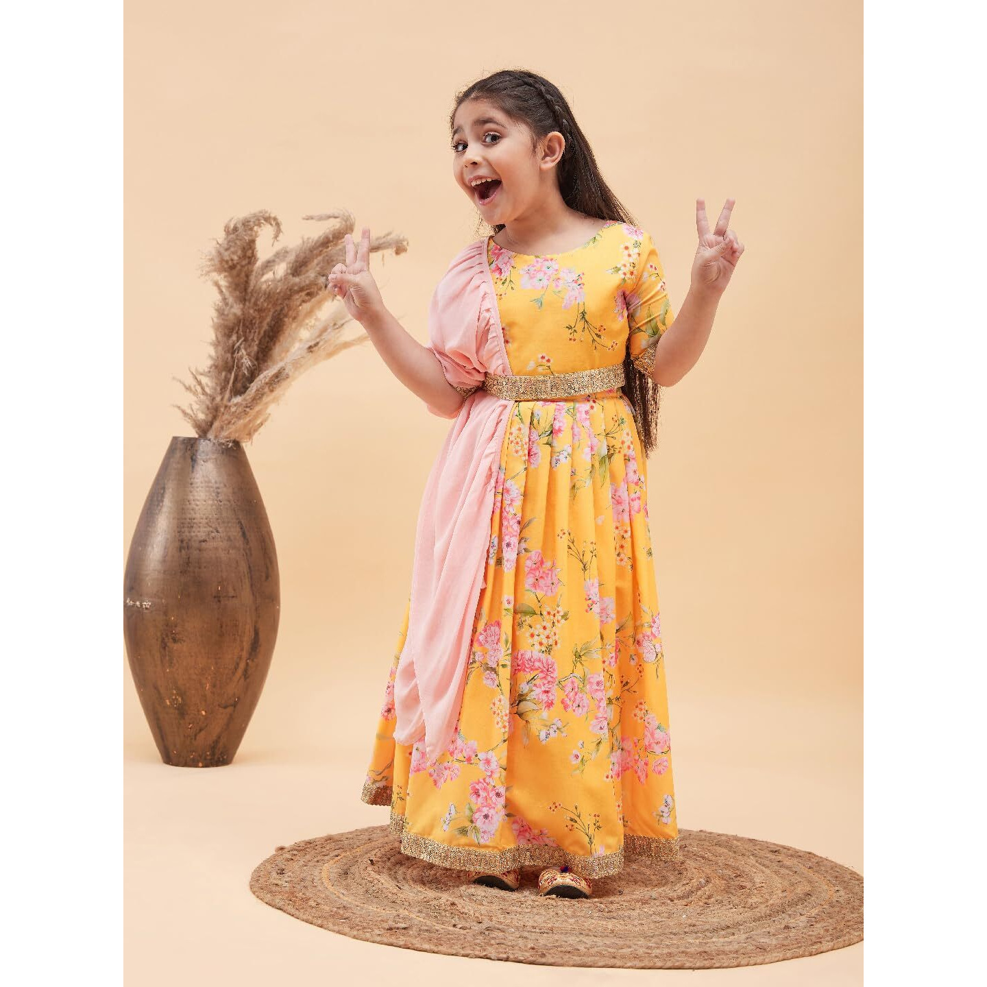 VASTRAMAY Girls' Yellow Lehenga Set