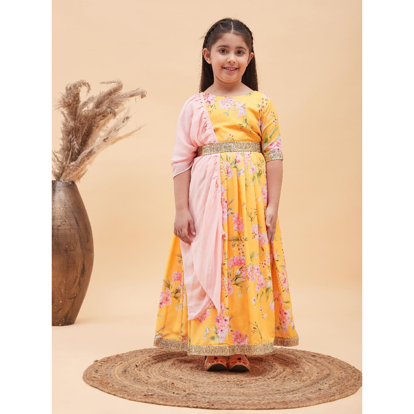 VASTRAMAY Girls' Yellow Lehenga Set