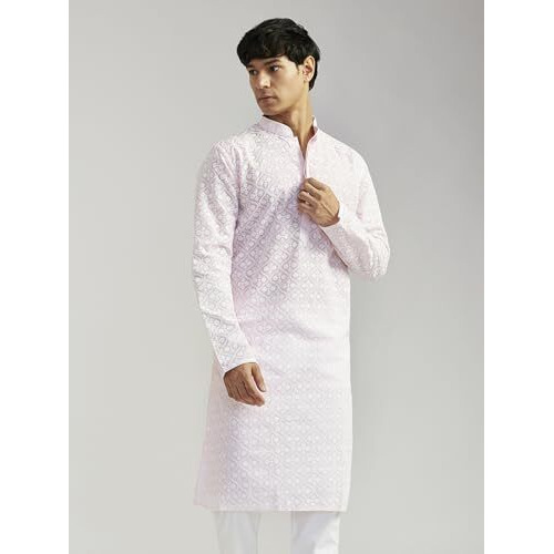 VASTRAMAY Men's Green Cotton Kurta I Allover Chikan Embroidery Knee Length Regular Straight Kurta I Fastive Party Wedding Traditions Kurta_VASMK381PN_42