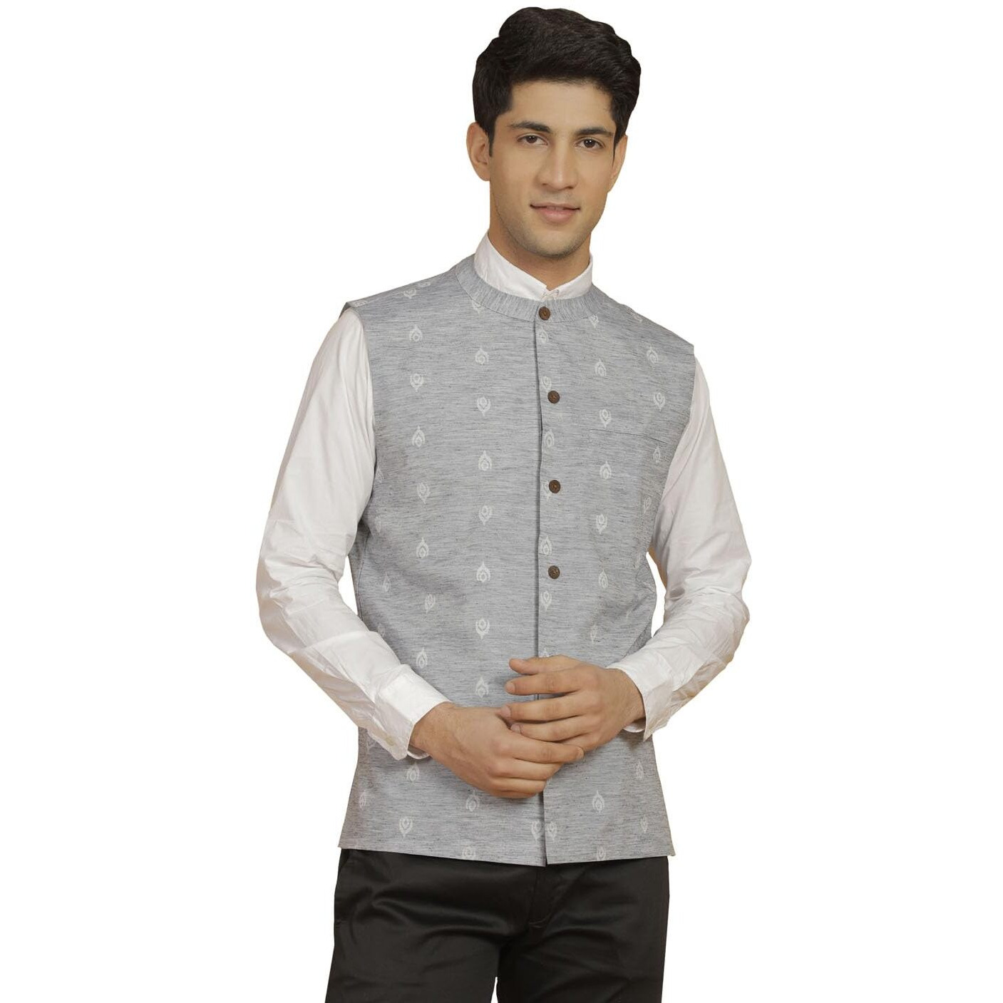 VASTRAMAY Men's Cotton Kurta I Self Design Jacket Regular Nehru Jacket I Fastive Party Wedding Neharu Jackets_VASMJ295GY_38