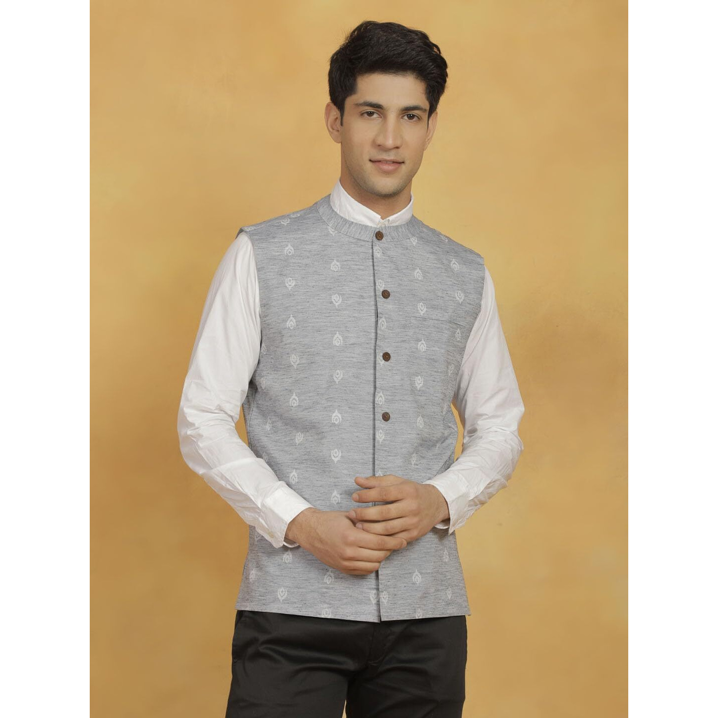 VASTRAMAY Men's Cotton Kurta I Self Design Jacket Regular Nehru Jacket I Fastive Party Wedding Neharu Jackets_VASMJ295GY_38