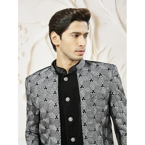 VASTRAMAY Men's Grey Velvet Indo-Western Ensemble with Geometric Patterned Jacket and Solid Black Sleeveless Semi Indo  Perfect for Weddings and Festive Occasions