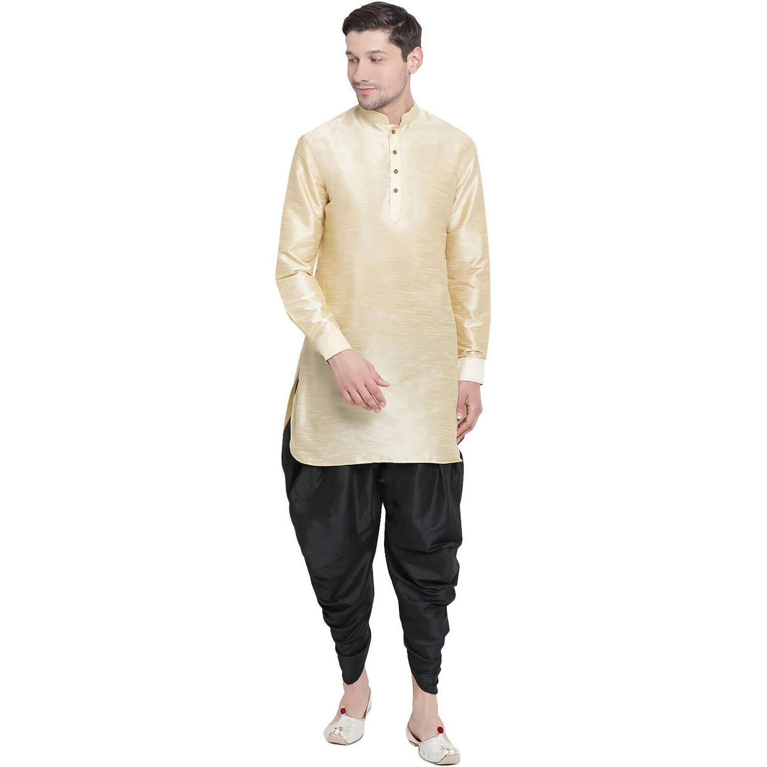 VASTRAMAY Men's Gold Cotton Silk Blend Kurta and Dhoti Pant Set_VASMUK001GOnCDBL_46