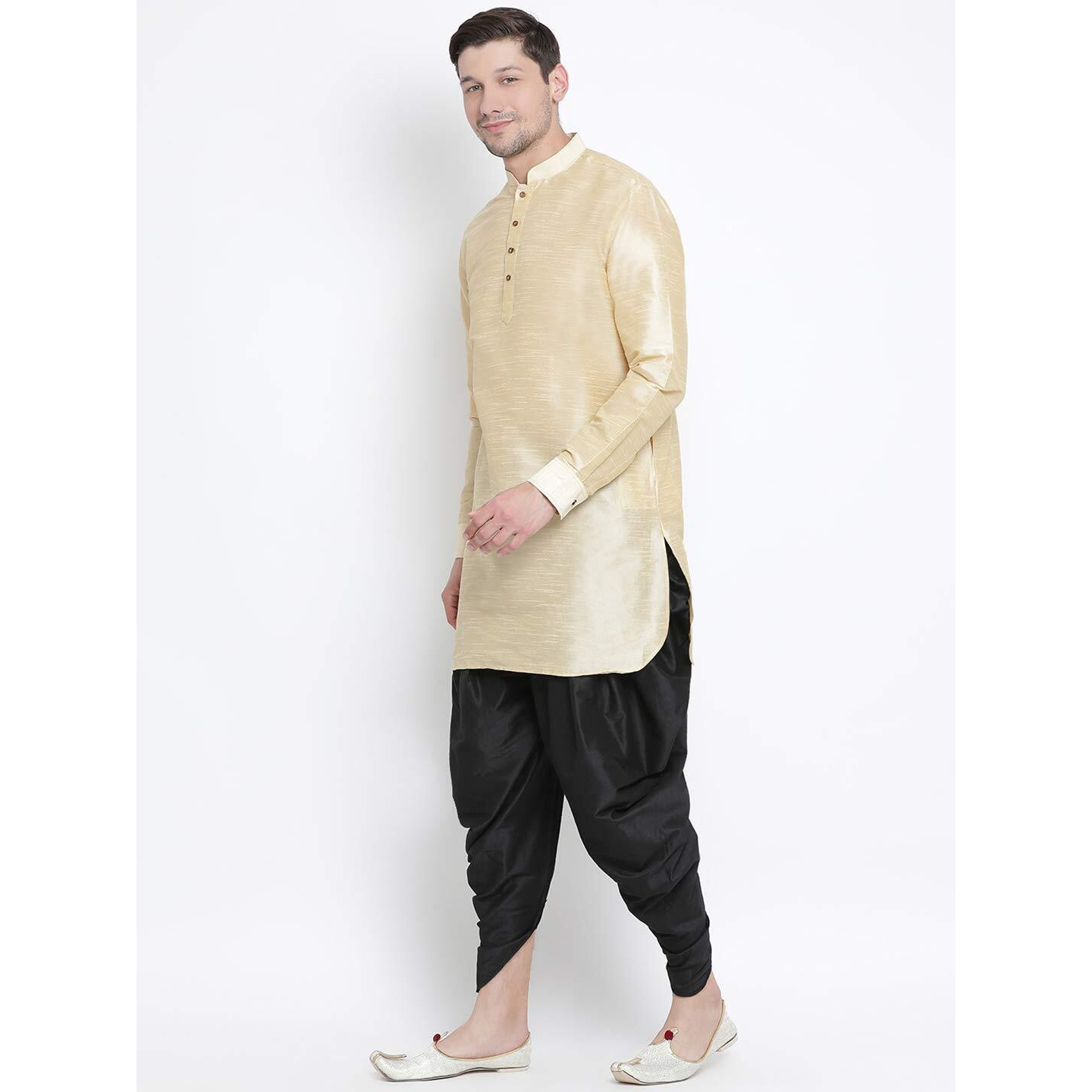 VASTRAMAY Men's Gold Cotton Silk Blend Kurta and Dhoti Pant Set_VASMUK001GOnCDBL_46