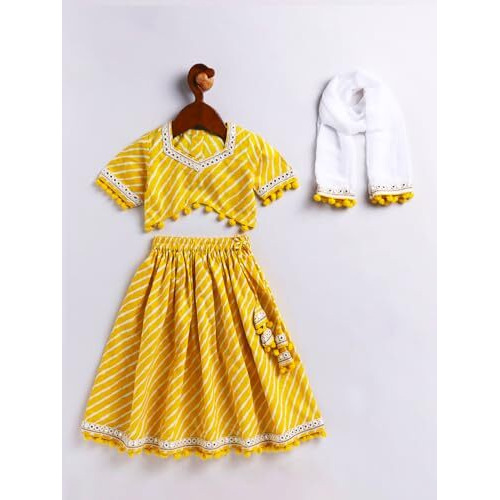 VASTRAMAY Girls' Cotton Yellow Lehenga Choli With Dupatta | Cotton Lehenga Set And Dupatta For Infants