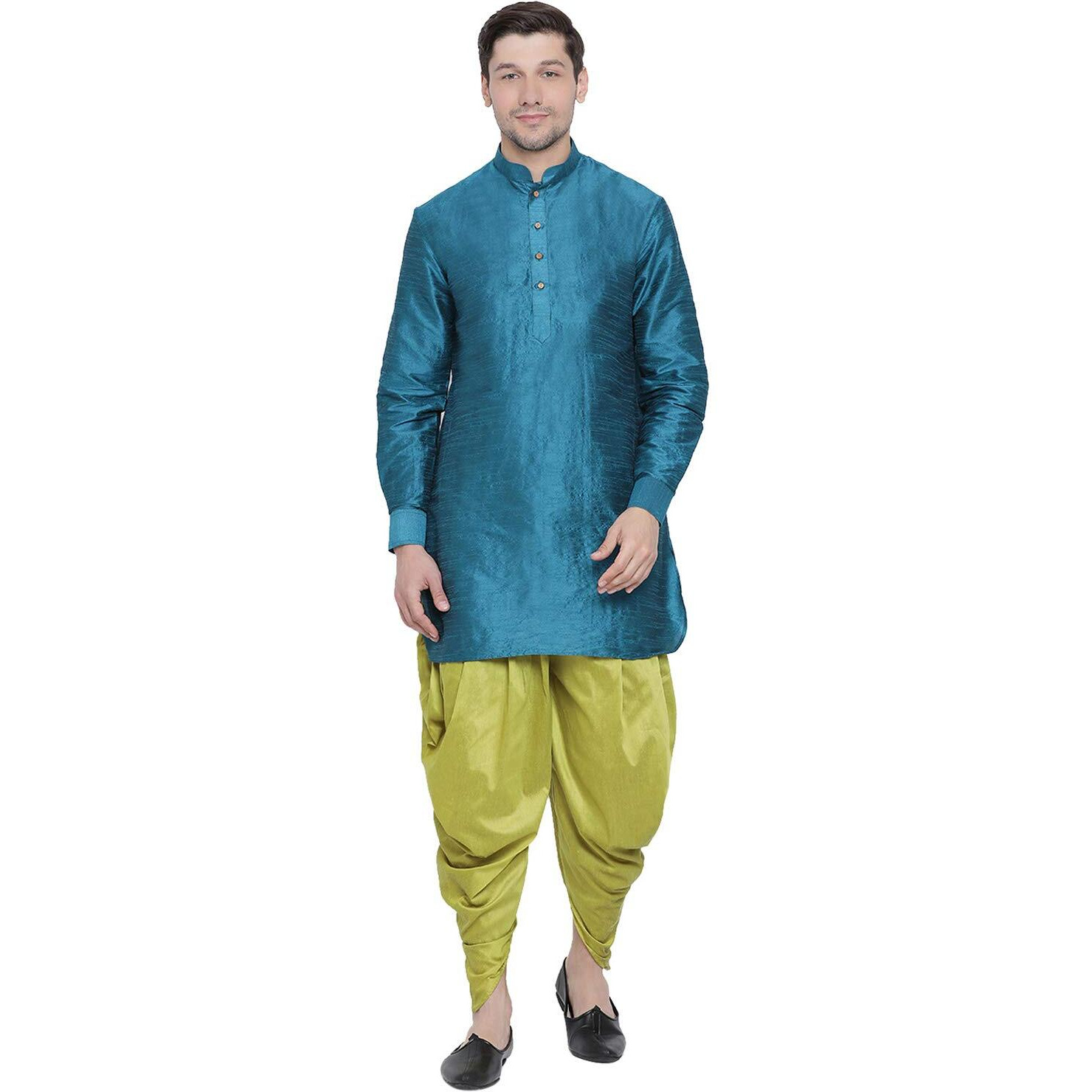 VASTRAMAY Men's Turquoise Cotton Silk Blend Kurta and Dhoti Pant Set_VASMUK001TQnCDCY_38