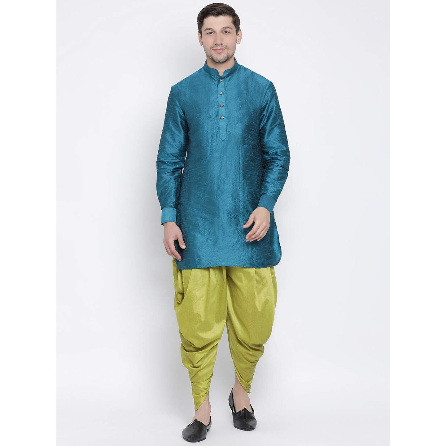 VASTRAMAY Men's Turquoise Cotton Silk Blend Kurta and Dhoti Pant Set_VASMUK001TQnCDCY_38