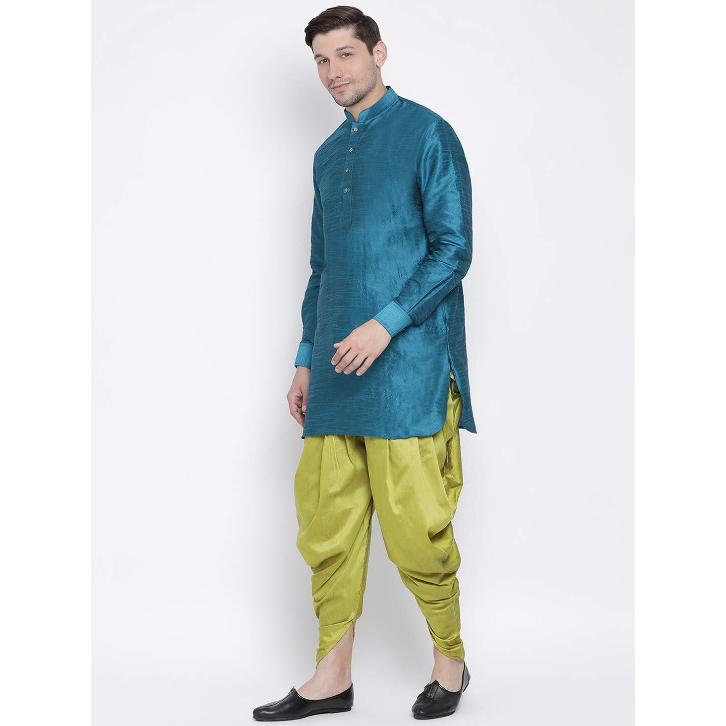 VASTRAMAY Men's Turquoise Cotton Silk Blend Kurta and Dhoti Pant Set_VASMUK001TQnCDCY_38