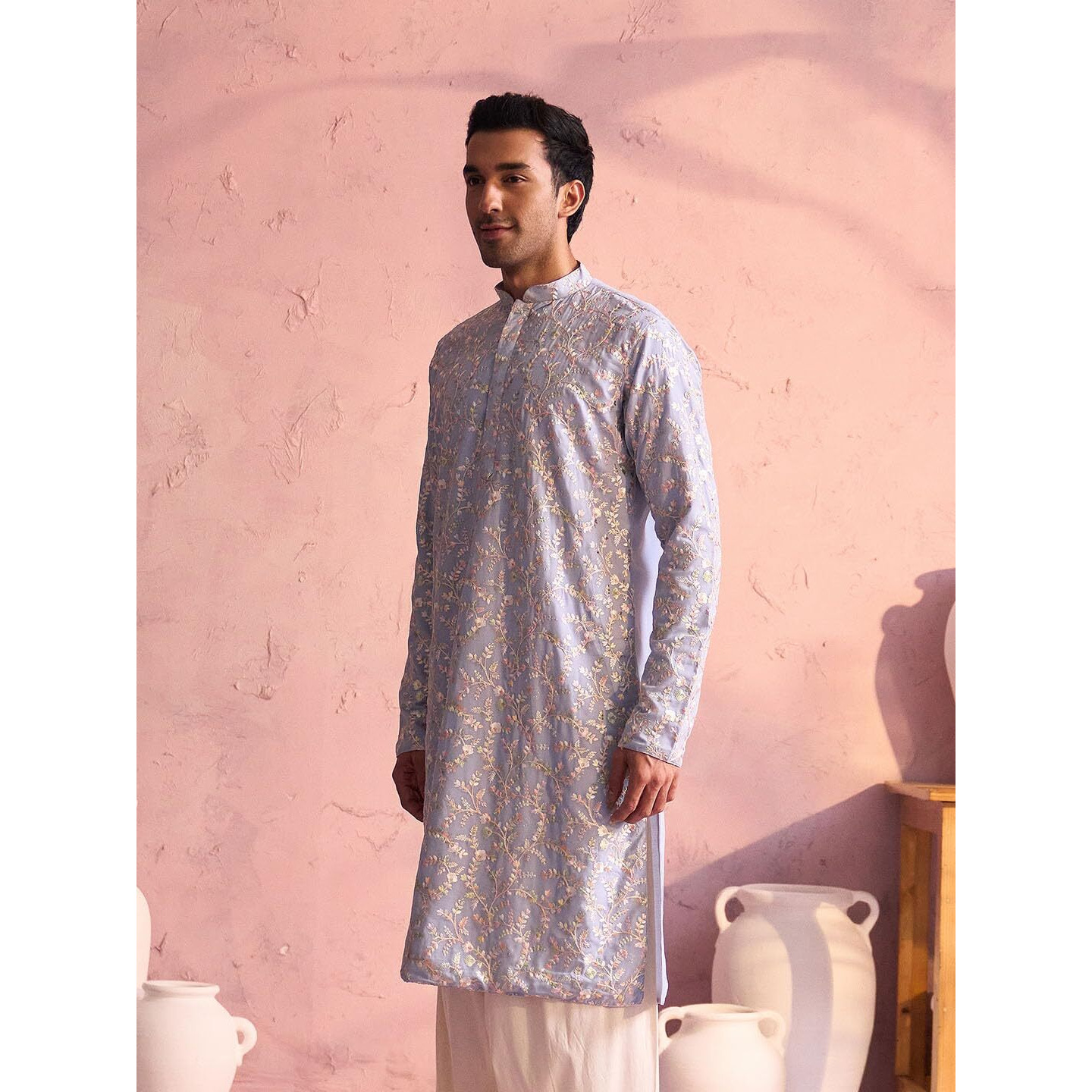 VASTRAMAY Men's Pastel Blue Georgette Kurta_VSHRMK232HW_40