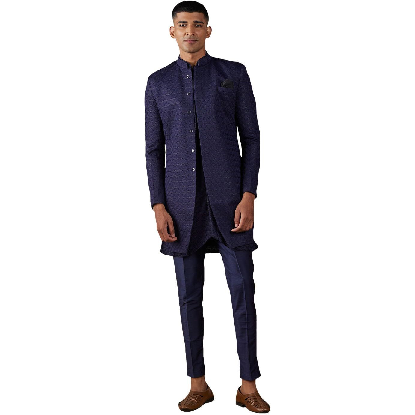 VASTRAMAY Men's Navy Blue Silk Blend Sherwani Set | Imported Fabric Designer Indowestern Set