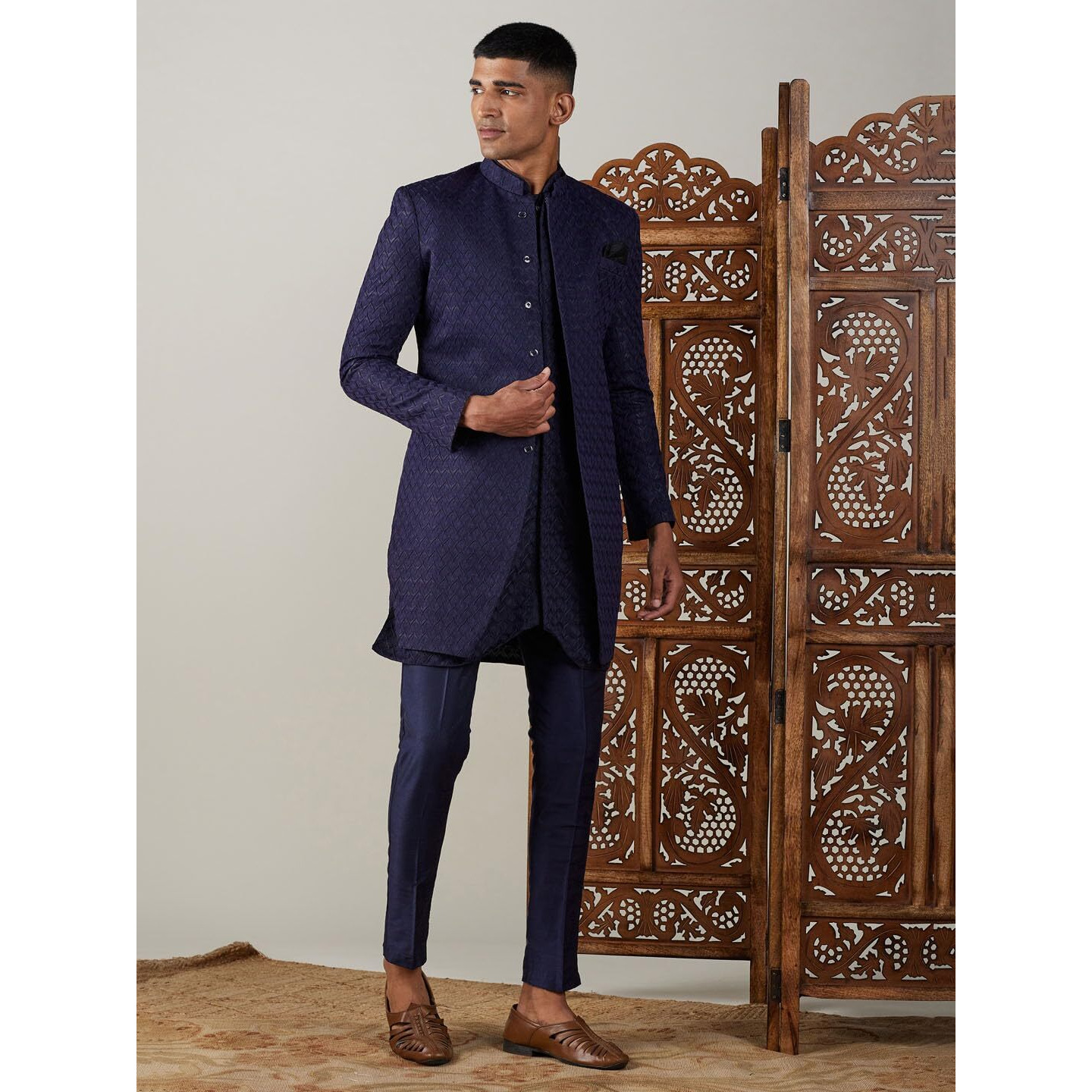 VASTRAMAY Men's Navy Blue Silk Blend Sherwani Set | Imported Fabric Designer Indowestern Set