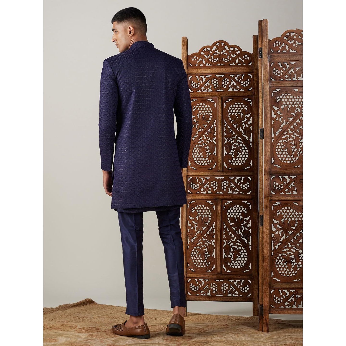 VASTRAMAY Men's Navy Blue Silk Blend Sherwani Set | Imported Fabric Designer Indowestern Set