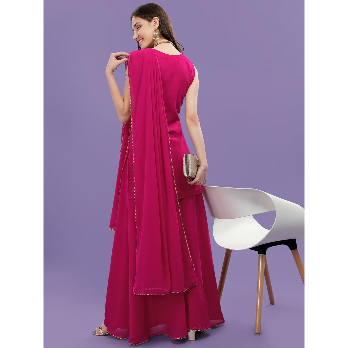 Wedani Georgette Embroidered Sequins Kurta Set with Duptta for Women (in, Alpha, S, Regular, Pink)