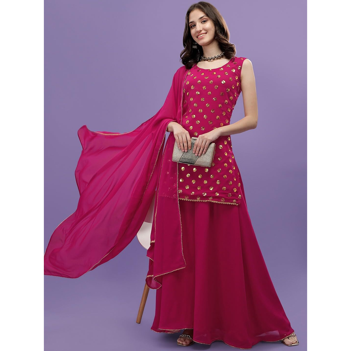 Wedani Georgette Embroidered Sequins Kurta Set with Duptta for Women (in, Alpha, S, Regular, Pink)