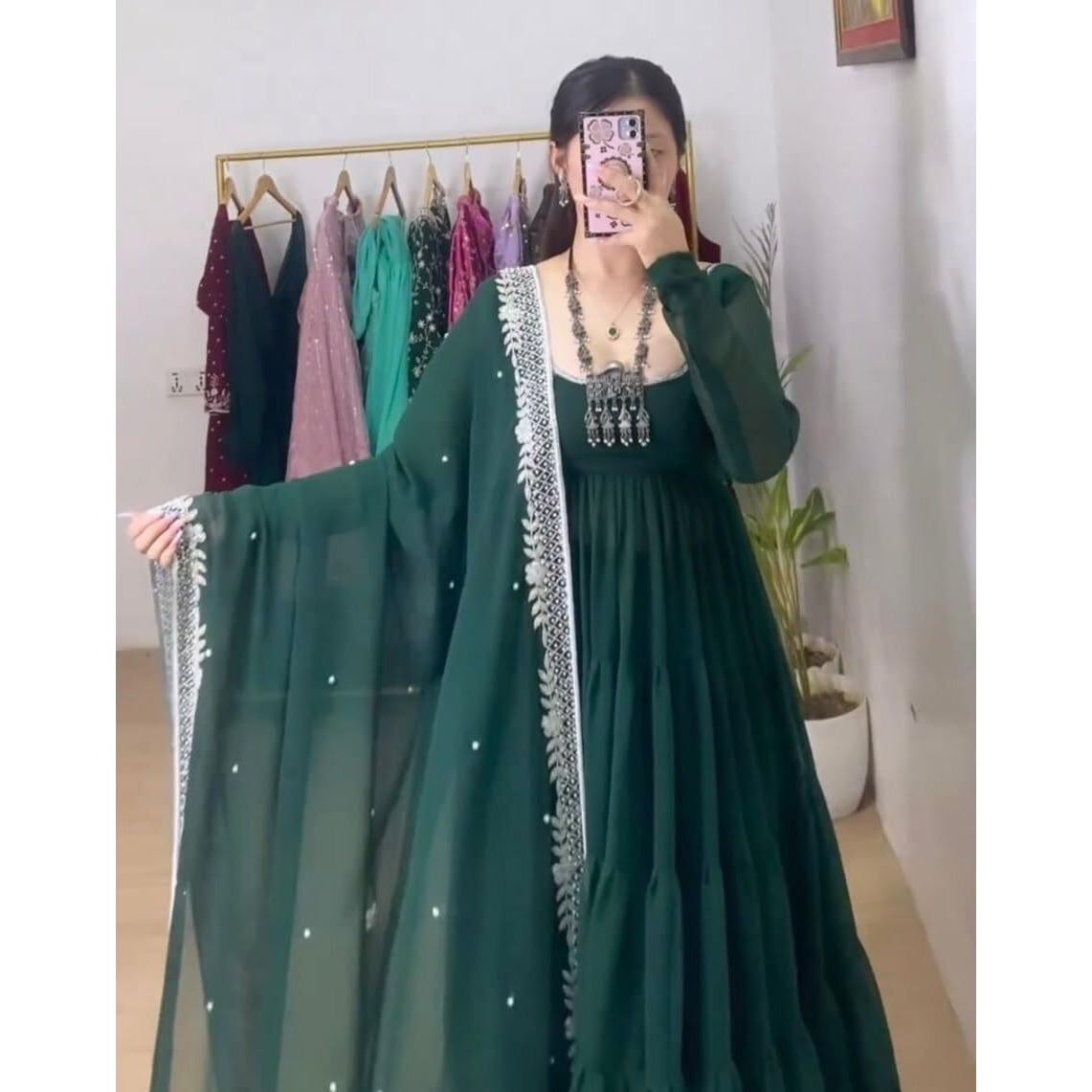 Wedani Georgette Embroidedred Anarkali Dress for Women Green