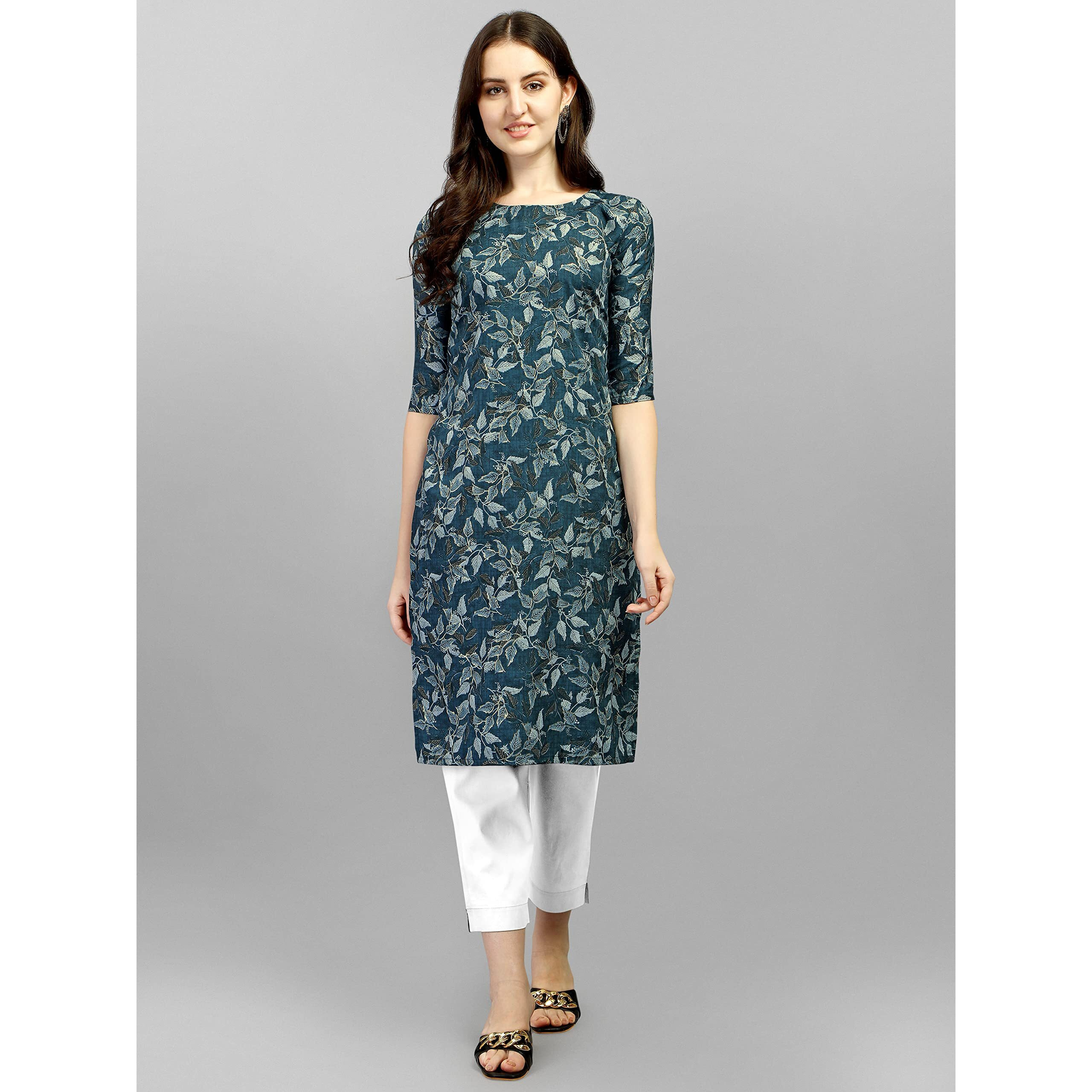 Wedani Women Crepe Printed Kurti (KRT486) (Medium, Turquoise)