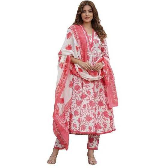 Yashika Floral Regular Printed Cotton Blend A-line Kurta Pant Dupatta Set with Lace-Elegant Ethnic Wear Women-Perfect for Casual and Festive Occasions (AZ-YS-OG-KS2114-Parent_Red