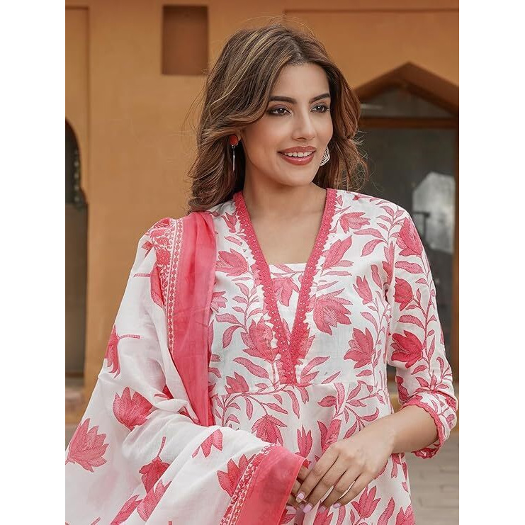 Yashika Floral Regular Printed Cotton Blend A-line Kurta Pant Dupatta Set with Lace-Elegant Ethnic Wear Women-Perfect for Casual and Festive Occasions (AZ-YS-OG-KS2114-Parent_Red