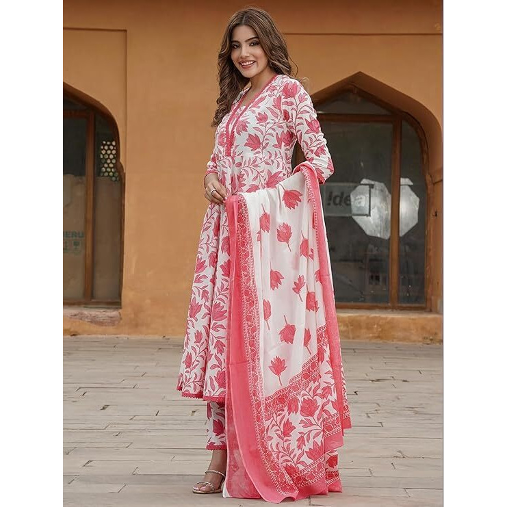 Yashika Floral Regular Printed Cotton Blend A-line Kurta Pant Dupatta Set with Lace-Elegant Ethnic Wear Women-Perfect for Casual and Festive Occasions (AZ-YS-OG-KS2114-Parent_Red