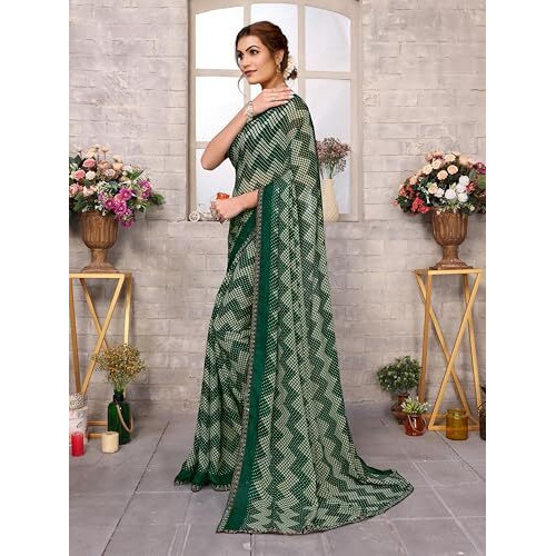 Yashika Women's Woven Latest Georgette and Hot Fix Lace Saree with Unstitched Blouse Material (AZ-YS-P1-BANDANA-Parent-NEW_Green)