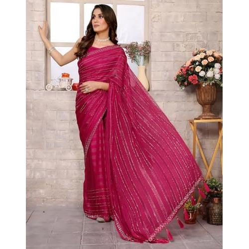 Yashika Women's Woven Chiffon Latest Black Rangoli Fabric Saree with Lace and Blouse Material (AZ-YS-P3-SWARNA-TANIKSHA-Parent_Pink)