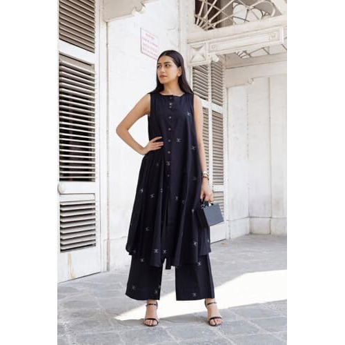 ANNI DESIGNER Women's Rayon Viscose A-Line Printed Kurta with Palazzo (Rawana Black_L_Black_Large)