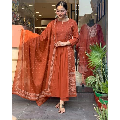 ANNI DESIGNER Women's Rayon Viscose Anarkali Printed Kurta with Pant & Dupatta (Hamlet Orange_3XL_Orange_XXX-Large)