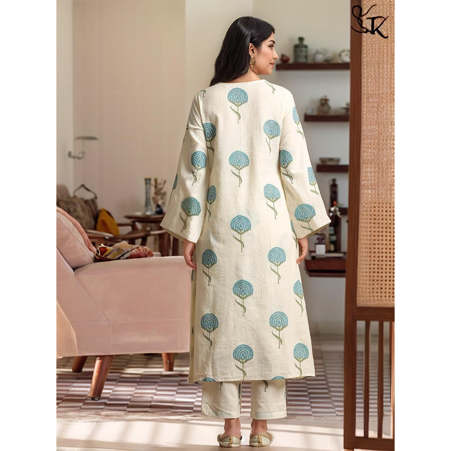 ANNI DESIGNER Women's Rayon Viscose Printed Straight Kurta with Pant (Janya Sky_L_Sky Blue_Large)