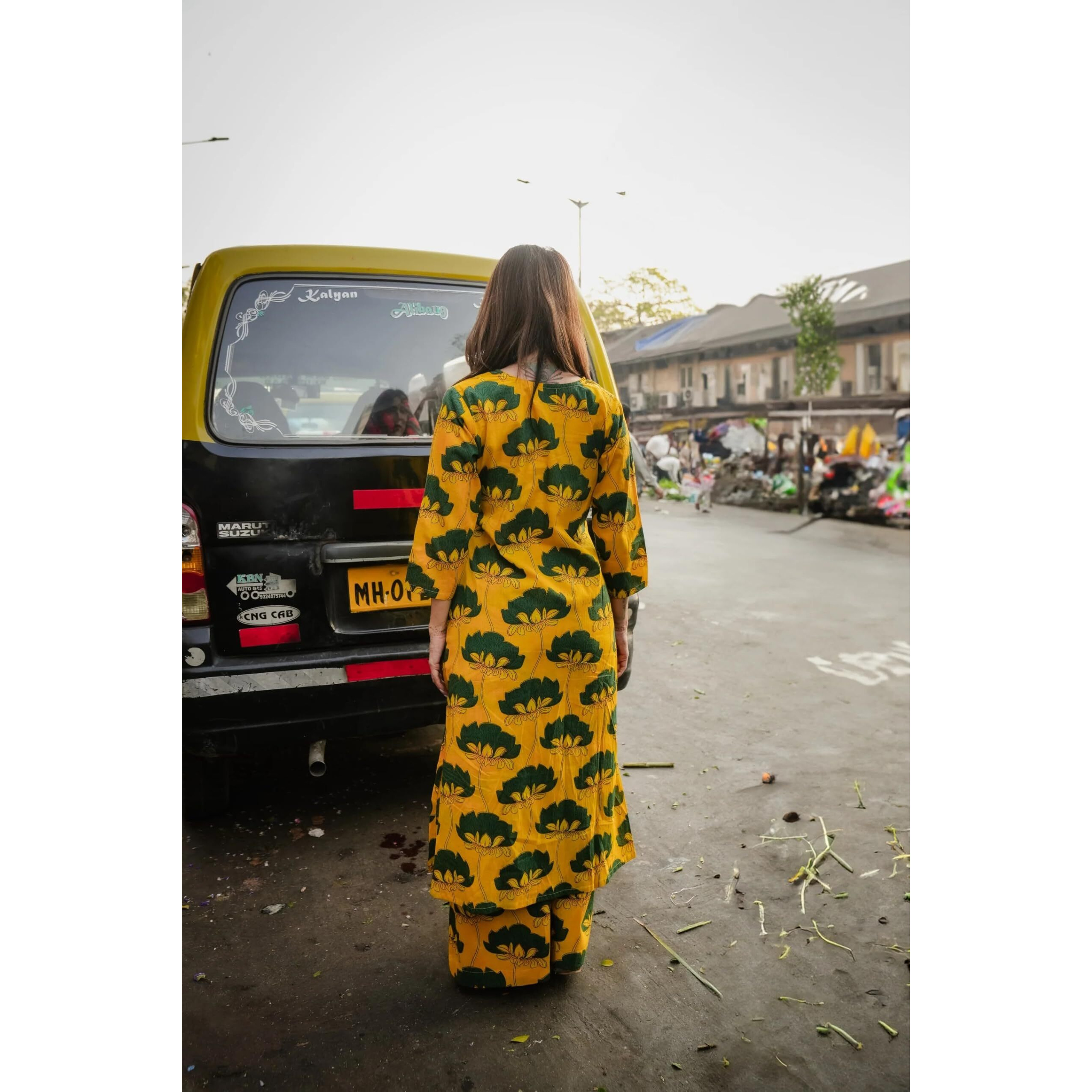 ANNI DESIGNER Women's Rayon Viscose Straight Printed Kurta with Palazzo (Humnava Yellow_L_Yellow_Large)