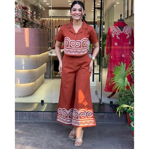 ANNI DESIGNER Women's Rayon Viscose Straight Printed Kurta with Palazzo (SIMLA Rust_M_Rust_Medium)