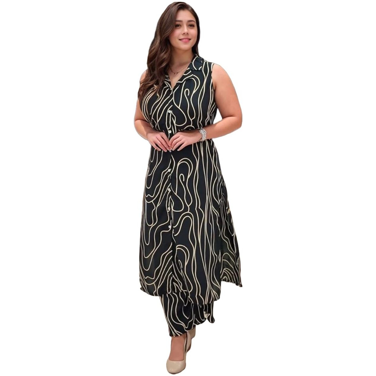 ANNI DESIGNER Women's Rayon Viscose A-Line Printed Kurta with Palazzo (Vepari Black_M_Black_Medium)
