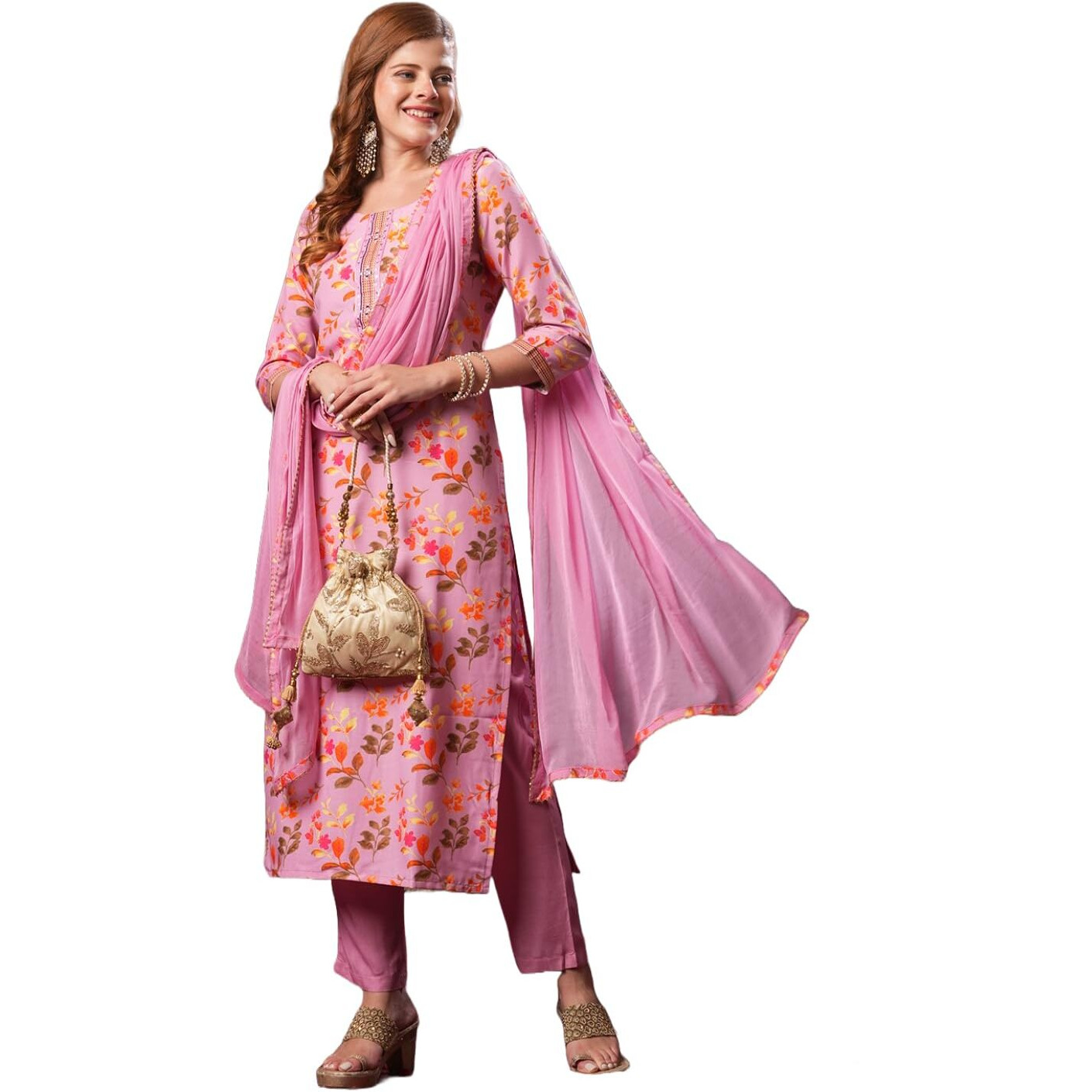 ANNI DESIGNER Women's Cotton Blend Printed Straight Kurta and Pant with Dupatta (KALEPING-Pink_S_Pink_Small)