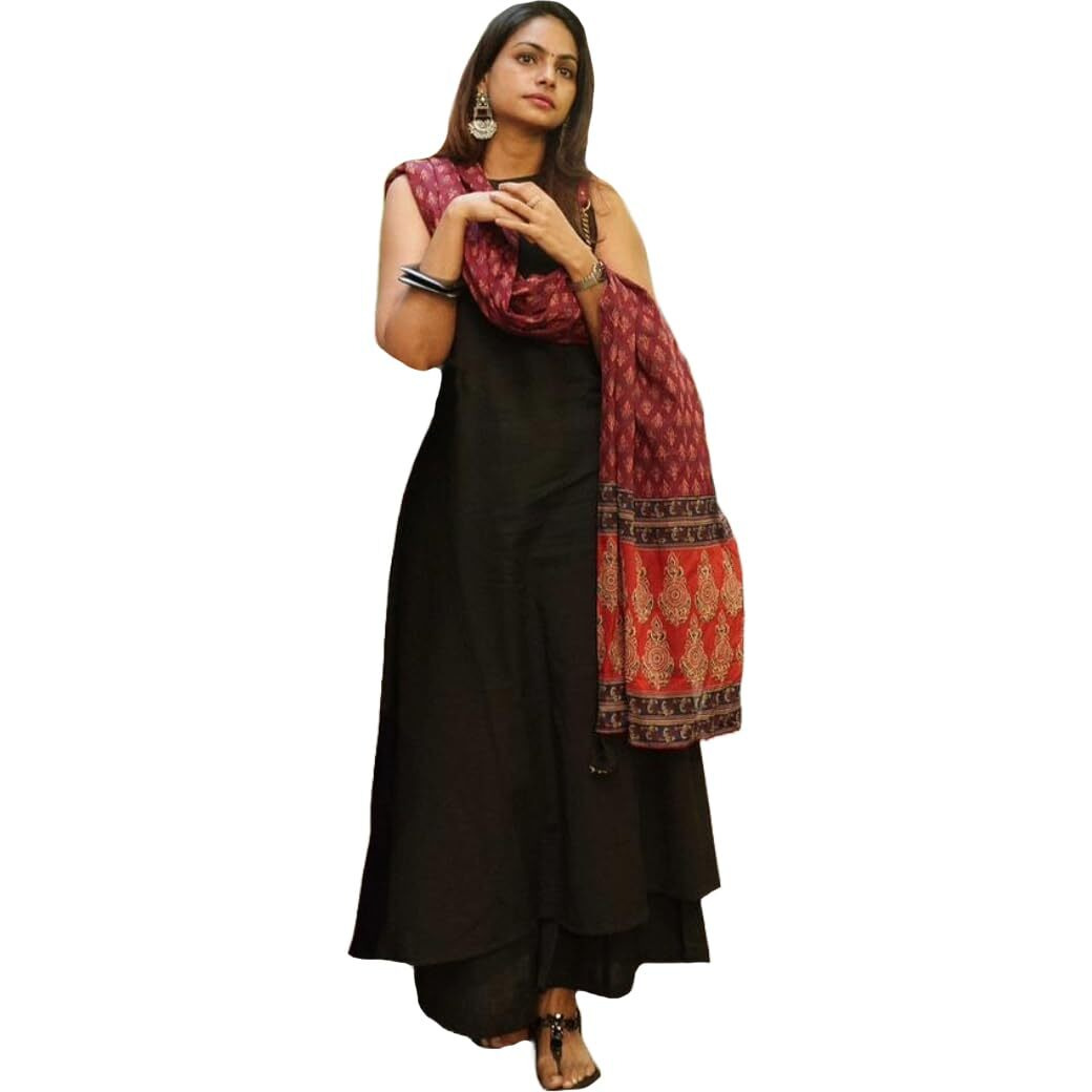 ANNI DESIGNER Women's Rayon Viscose Solid A-Line Kurta with Palazzo & Dupatta (UMIKA Black_S_Black_Small)