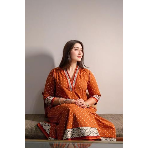 ANNI DESIGNER Women's Rayon Blend Anarkali Printed Kurta with Pant (Karidos Orange-VKS06_S_Orange_Small)