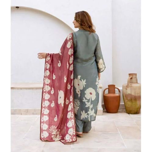ANNI DESIGNER Women's Rayon Viscose Printed Straight Kurta with Pant & Dupatta (PANUJA Grey_XXL_Grey_XX-Large)