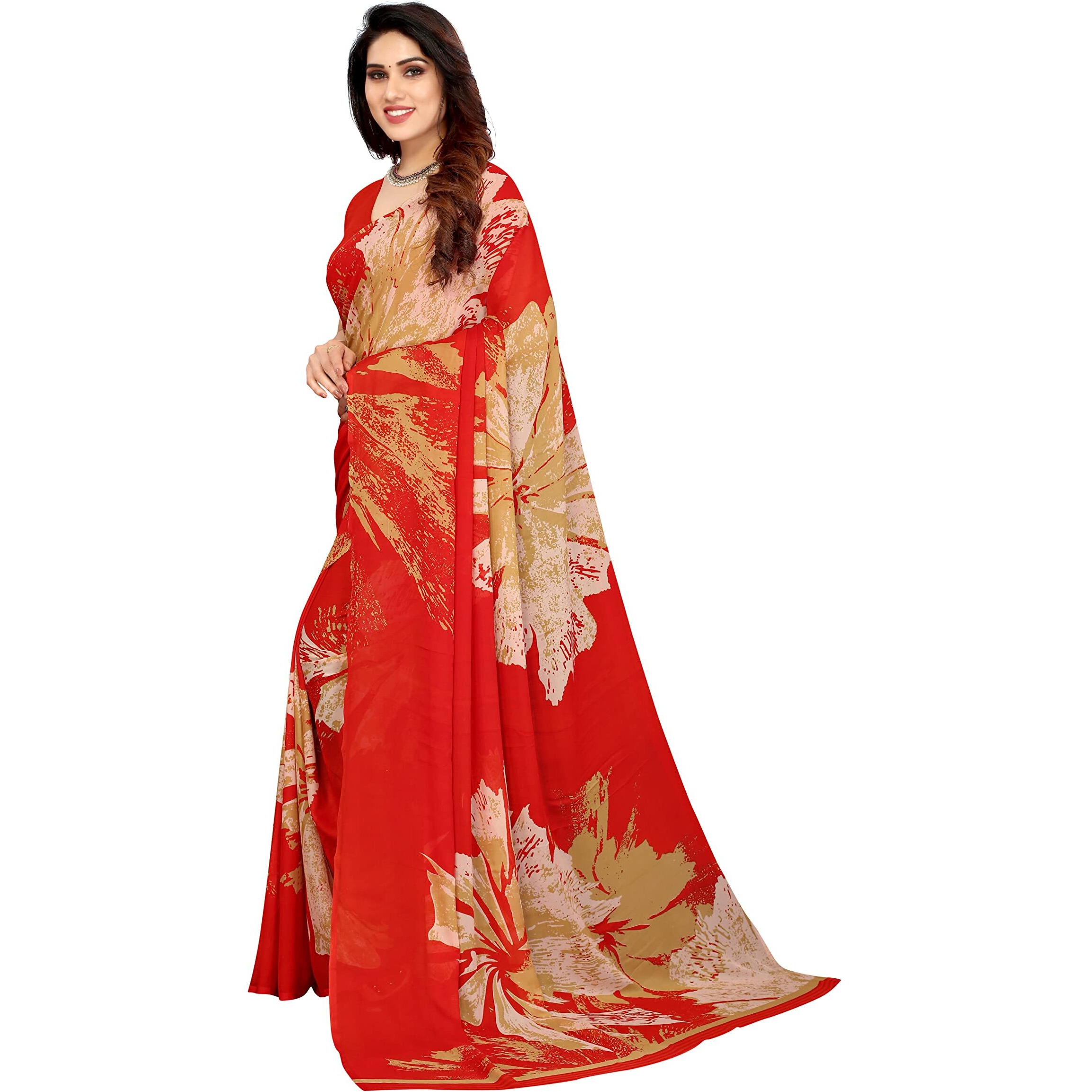 Yashika Womens Printed Georgette Saree With Blouse Piece(MULTI RED_Free Size)