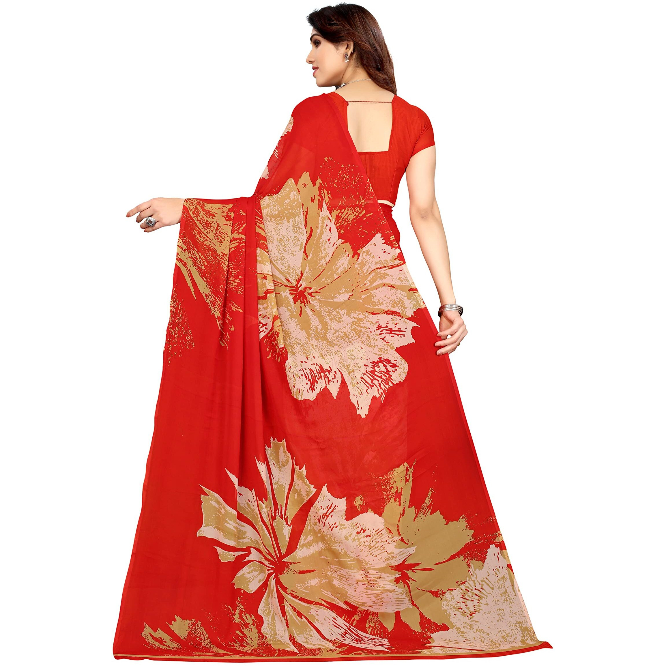 Yashika Womens Printed Georgette Saree With Blouse Piece(MULTI RED_Free Size)