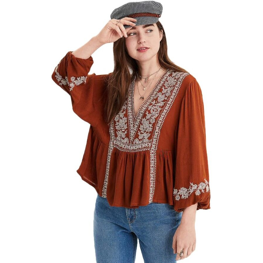 ANNI DESIGNER Women's Tunics Tops Rayon Viscose Embroidered Short Top for Women (Sujan Brown_L_Brown_Large)