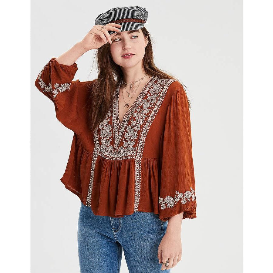 ANNI DESIGNER Women's Tunics Tops Rayon Viscose Embroidered Short Top for Women (Sujan Brown_L_Brown_Large)