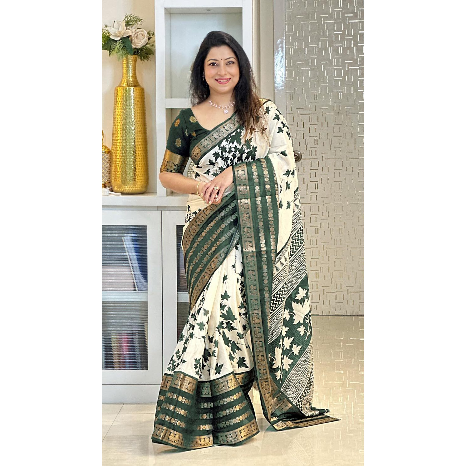 Yashika Women's Floral Printed White Dola Silk Jacquard Saree With Unstitched Blouse Material For Women (AZ-YS-OG-GYANI WHITE GREEN)