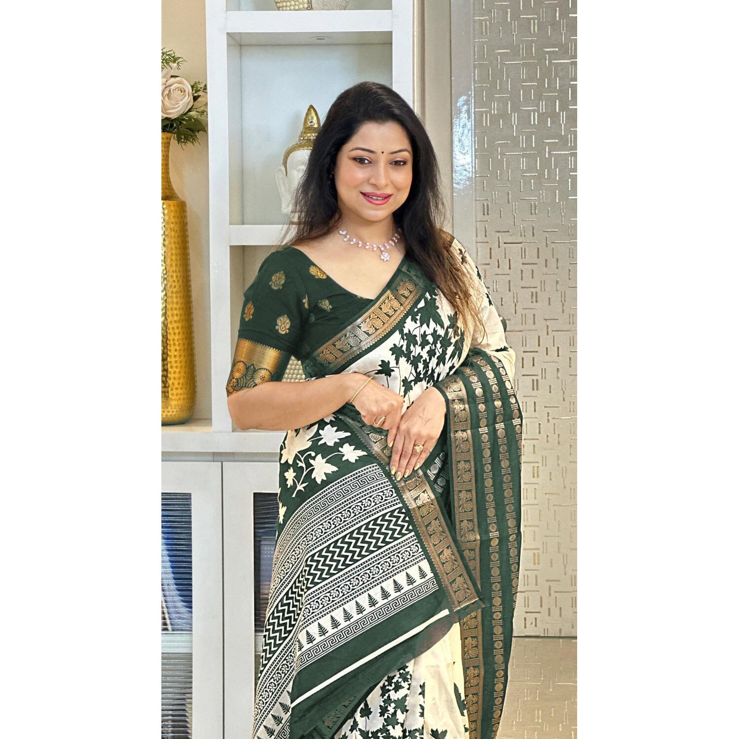 Yashika Women's Floral Printed White Dola Silk Jacquard Saree With Unstitched Blouse Material For Women (AZ-YS-OG-GYANI WHITE GREEN)